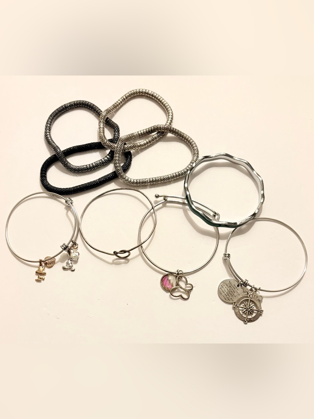 Set of 9 Silver Tone Women's Charm Bracelet Set - Pink & Silver